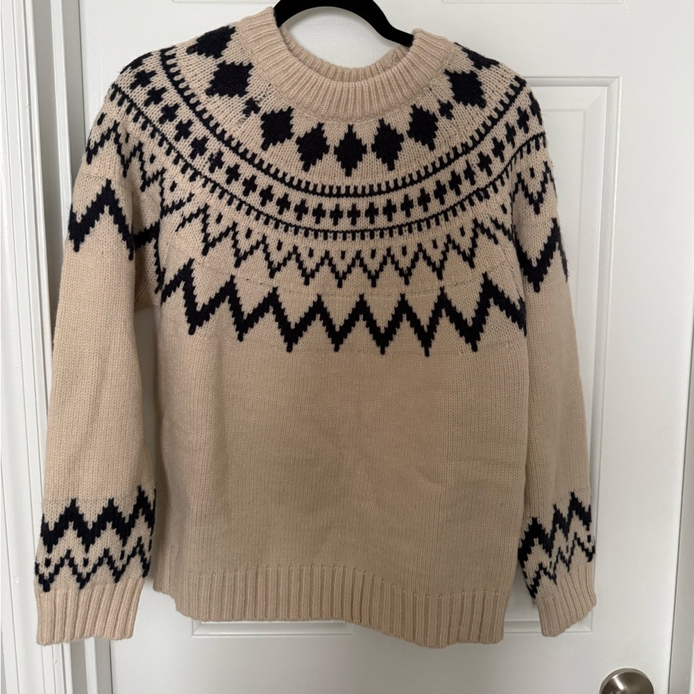 Vici Beige and Navy Fair Isle Crewneck Sweater
